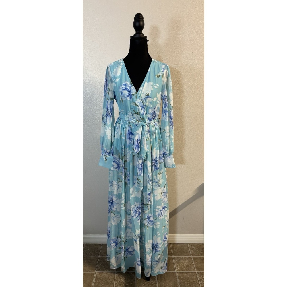 Pink Lily Wrap‎ Maxi Dress Women's Small Blue Floral Sheer V Neck Beach Vacay